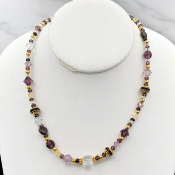 Vintage Glass Crystal Necklace Gold Tone Beads Purple Gold White Clear - Picture 1 of 7